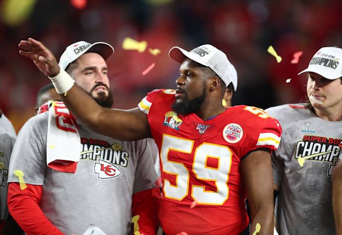 Kansas City Chiefs linebacker Reggie Ragland (59) celebrates after defeating the San Francisco 49ers in Super Bowl LIV at Hard Rock Stadium.
